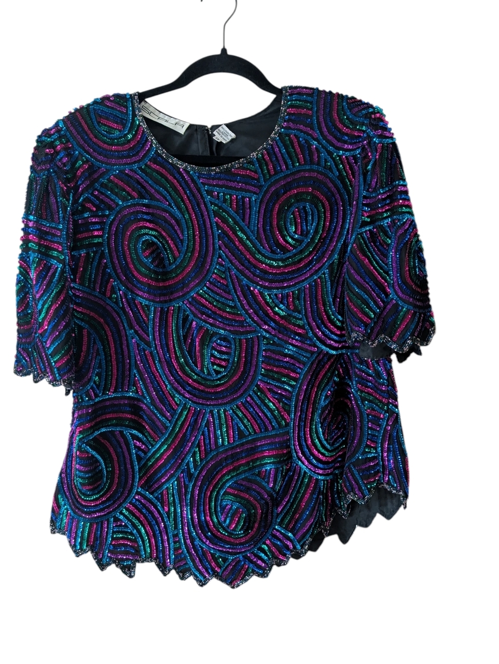 Scala 80's Vintage 100% Silk Sequin Swirl Funky Peacock Evening Top‎ Size 1X